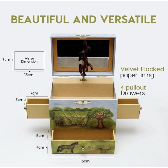 Vintage Enchantmint Horse Ranch Musical Jewelry Box w/ Drawers Mirror Farm Scene - Picture 2 of 12